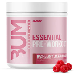 RAW Essential Pre-Workout Raspberry Creamthickle tub front for energized training sessions.