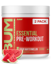 RAW Essential Pre-Workout Sour Watermelon bottle with a 2-pack design for on-the-go fueling