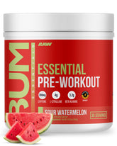 RAW Essential Pre-Workout Sour Watermelon packaging signals flavor and focus.