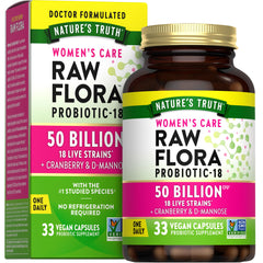 Raw Flora Probiotics Women bottle supports gut and vaginal health with 50B CFU.