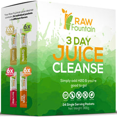 Raw Fountain 3 Day Juice Cleanse bottle pour shows travel-friendly hydration