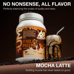 RAW Itholate Mocha Latte label close-up emphasizes hormone-free isolate.