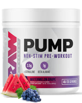 RAW Pump Stim Free Watermelon Grape powder scoop ready for pre-workout fueling.