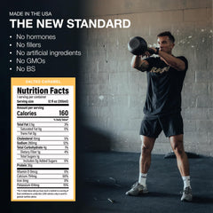 RAW Ready-to-Drink Salted Caramel shake being poured into a glass