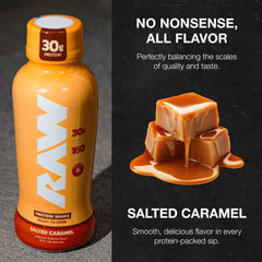 RAW salted caramel RTD shake with ice and glass for refreshment