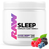 RAW Sleep bottle with mixed berry flavor promoting calm focus for better rest.