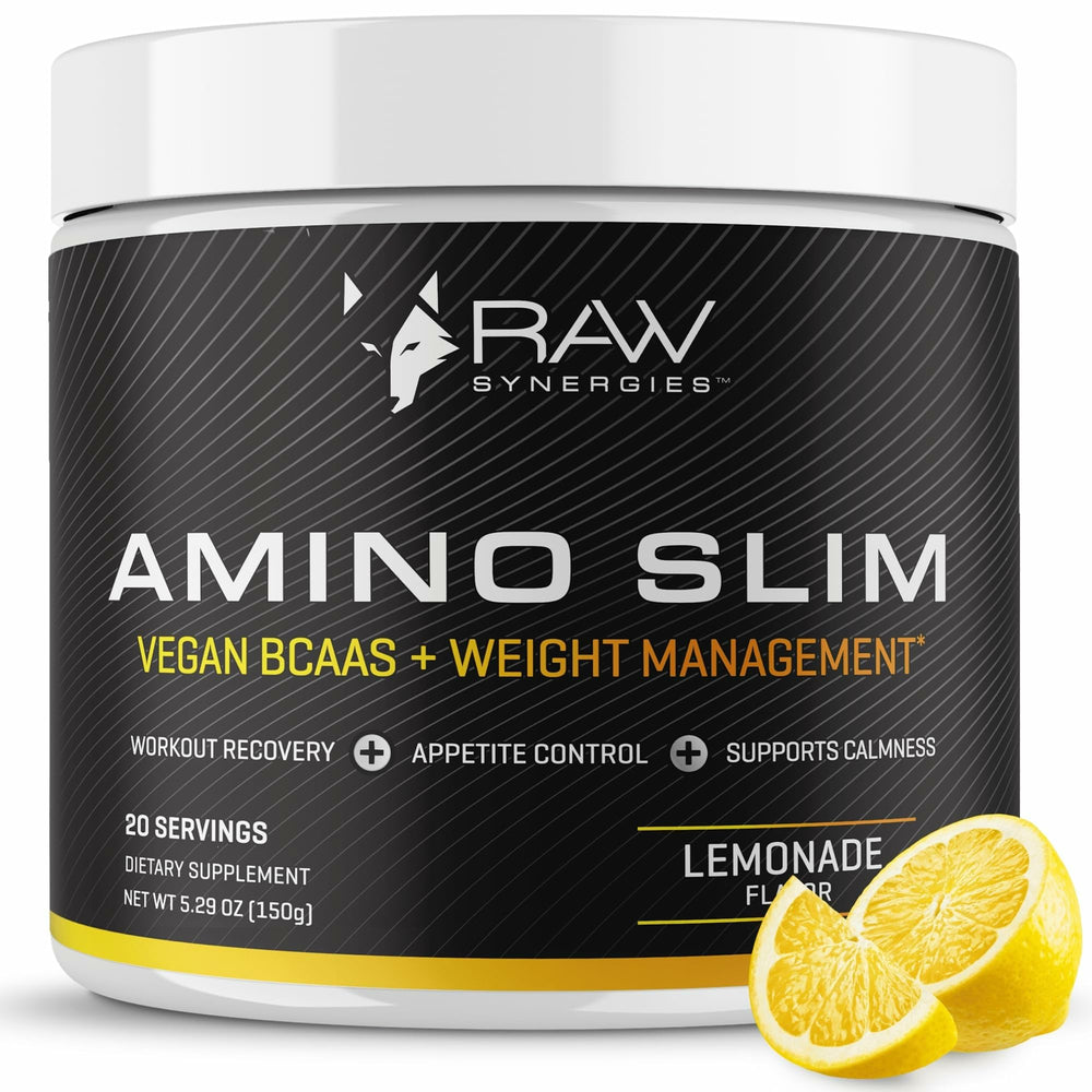 RAW Synergies Amino Slim bottle for daily energy and mindful eating.