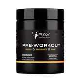 RAW Synergies Pre-Workout bottle showing sustained energy and focus.