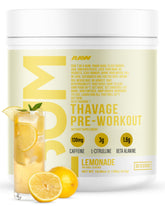 RAW Thavage Lemonade bottle label highlights an energizing pre-workout formula.