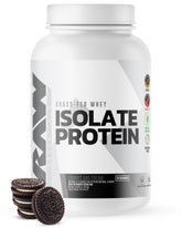 RAW Whey Isolate Cookies N Cream bottle pour shows premium protein for post-workout recovery.