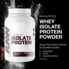 RAW Whey Isolate Dark Chocolate label closeup highlights low fat and carb benefits