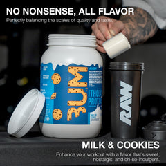 RAW Whey Isolate Milk & Cookie pour demonstrates smooth mixability for shake consistency.