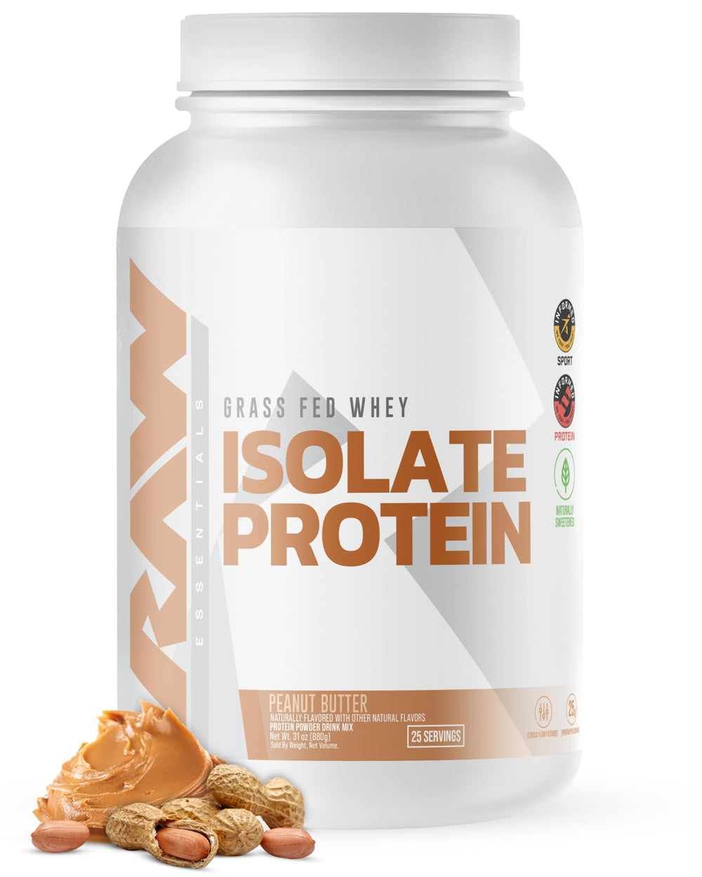 RAW Whey Isolate Peanut Butter tub highlighting 25g protein per scoop for workouts