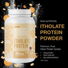 Scoop of RAW Itholate powder beside a shaker showing 25g protein per serving.