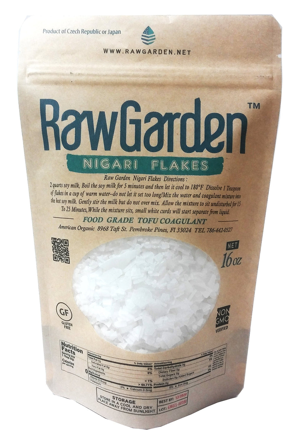 RawHarvest Nigari flakes package for homemade, food-grade tofu.
