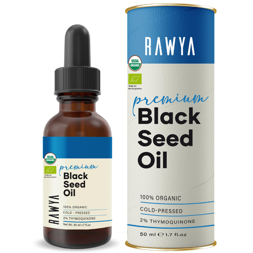 RAWYA Black Seed Oil bottle pour emphasizes purity and daily use.