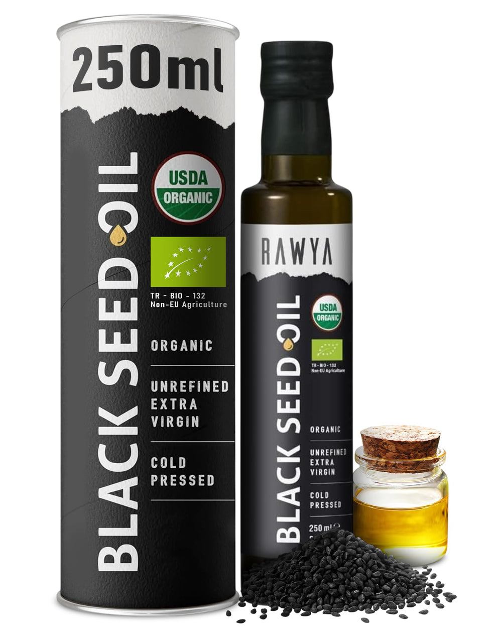 RAWYA Black Seed Oil bottle emphasizes premium quality for everyday cooking