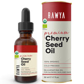 RAWYA Cherry Oil bottle showcases premium glass packaging and pure, nutrient-rich formula for daily hydration.