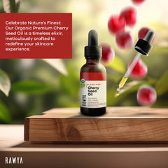 RAWYA Cherry Oil ingredients highlight organic cherry seed origin and clean, fragrance-free formula.