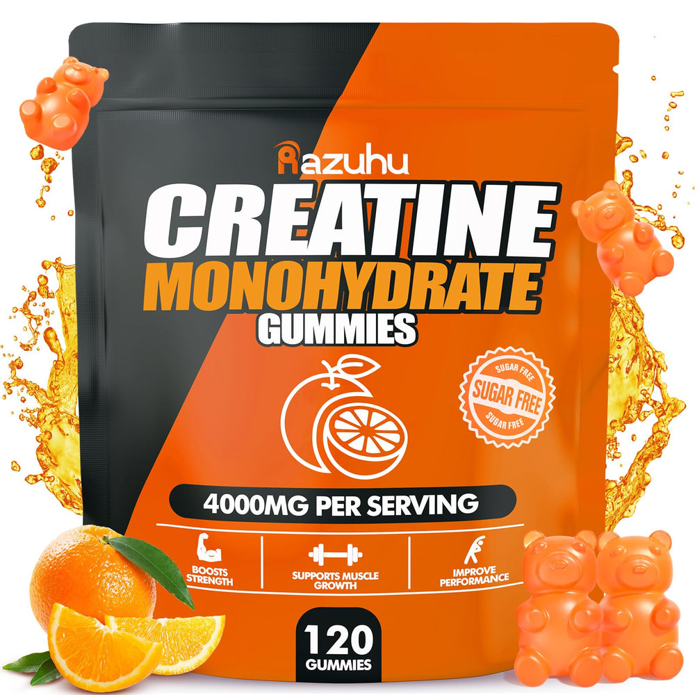 Razuhu Creatine Monohydrate Gummies orange bottle front for on-the-go workout support