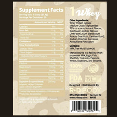 R+D Body Pure Whey Isolate vanilla shake being poured; supports lean muscle and quick digestion