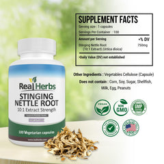 Real Herbs nettle root capsules in a bottle, vegetarian-friendly daily supplement.