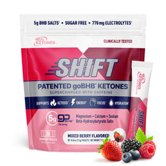 Real Ketones BHB berry drink packet on a kitchen counter for keto energy.