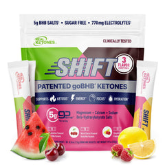 Real Ketones BHB drink mix packets on a table, showcasing convenient keto hydration.