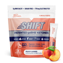 Real Ketones Peach Caffeine packet closeup for on-the-go keto energy.