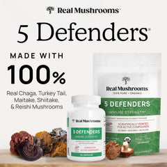 Real Mushrooms 5 Defenders bottle back with nutrition facts for transparency