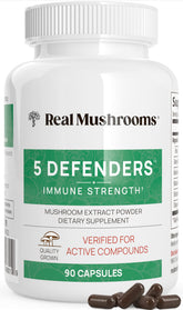 Real Mushrooms 5 Defenders bottle front showing a clean label for daily wellness support