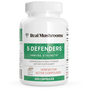 Real Mushrooms 5 Defenders bottle front showing daily wellness supplement