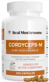 Real Mushrooms Cordyceps capsules bottle shows pure extract for energy support