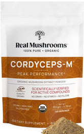 Real Mushrooms Cordyceps powder front label shows pure mushroom extract for everyday wellness