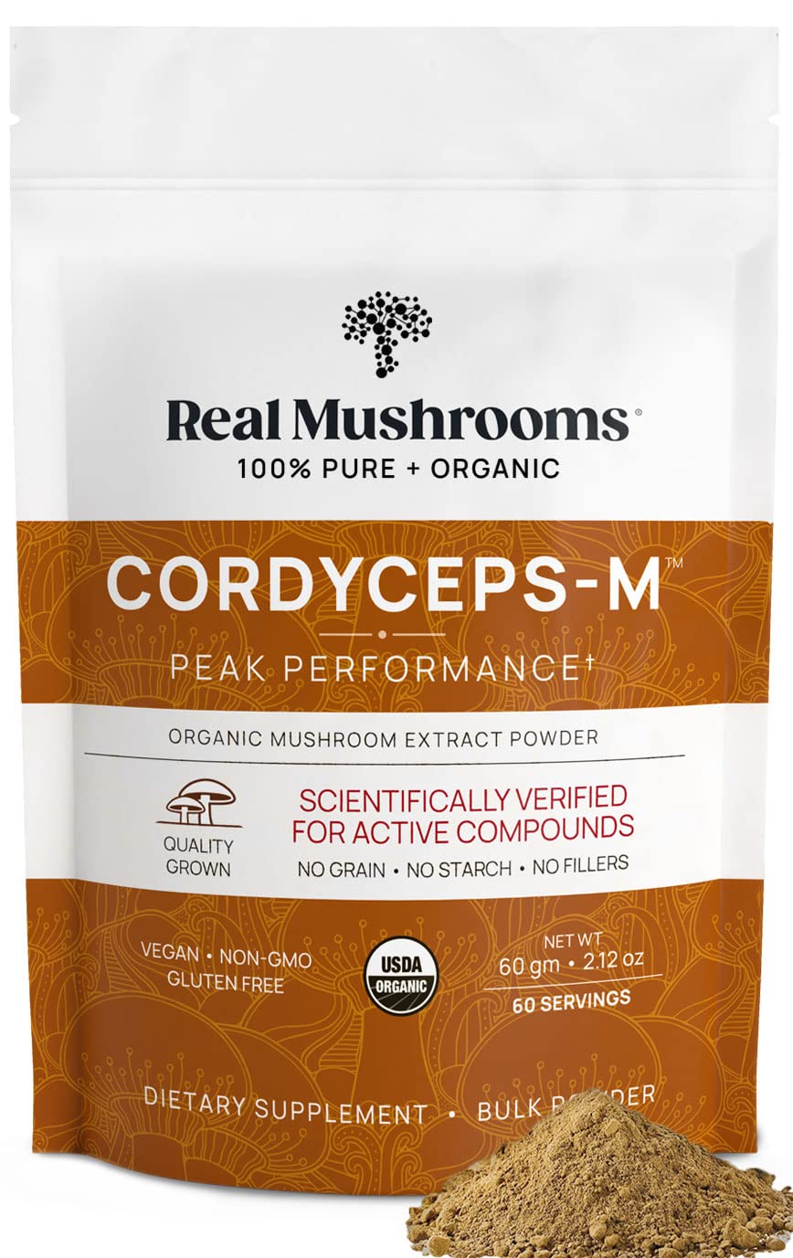 Real Mushrooms Cordyceps powder jar label highlighting organic, versatile wellness support.