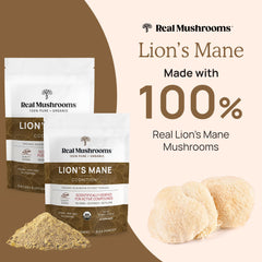 Real Mushrooms Lion's Mane organic label emphasizes USDA Organic and non-GMO quality.
