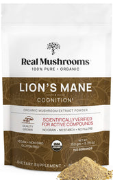 Real Mushrooms Lion's Mane powder bottle shows pure fruiting body extract for clean daily focus.