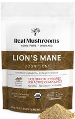 Real Mushrooms Lion's Mane powder bottle shows pure fruiting body extract for clean daily focus.