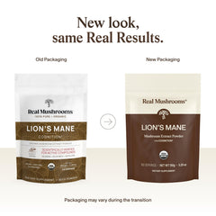 Real Mushrooms Lion's Mane powder scoop highlights easy measurement for convenient daily use.