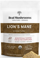 Real Mushrooms Lions Mane supplement bottle with organic vegan formula for daily wellness