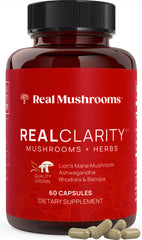 Real Mushrooms RealClarity bottle close-up showing lion’s mane blend for daily focus.
