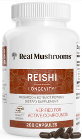 Real Mushrooms Reishi capsules in a bottle for convenient daily use.