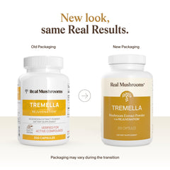 Real Mushrooms Tremella capsules closeup highlights grain-free formulation for clean-label choice.