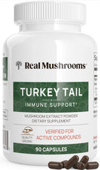 Real Mushrooms Turkey Tail capsules packaging showing clean-label, convenient daily supplement.