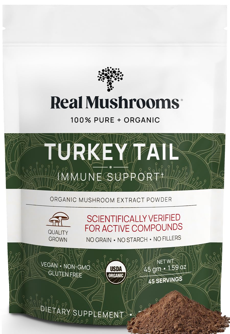 Real Mushrooms Turkey Tail powder bottle shows pure extract for daily wellness.