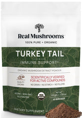 Real Mushrooms Turkey Tail powder bottle shows pure extract for daily wellness.