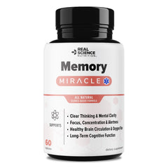 Real Science Nutrition Memory Miracle bottle shows daily brain support in clear packaging.