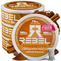 Rebel Supplements Cinnamon Mocha pack front for on-the-go energy and focus.