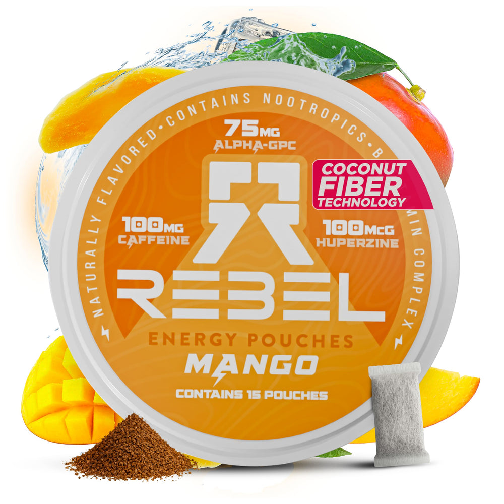Rebel Supplements Nootropic Energy Mango can front view for on-the-go clean energy.