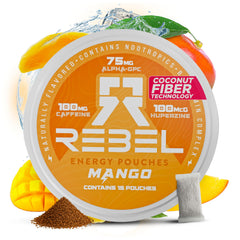 Rebel Supplements Nootropic Energy Mango can front view for on-the-go clean energy.
